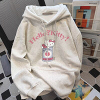 Áo hoodie nỉ dài tay cổ tròn màu xám ghi Hello kitty áo sweater form rộng hàn quốc