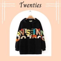 Áo Hoodie Nỉ Nữ Đen Phối Chữ  Dáng Rộng Dài Tay Có Mũ