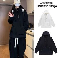 Áo hoodie nữ ANYOUNG áo hoodie nam nữ cổ cao dáng rộng phối khóa kéo thời trang kiểu Ninja, áo nỉ hoodie khóa zip AN 656