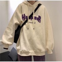 Áo hoodie nữ form rộng dài vải nỉ màu be