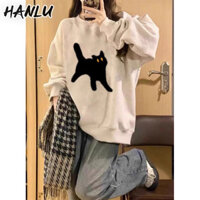 Áo hoodie nữ HANLU dáng rộng cổ tròn cổ tròn áo chui đầu mỏng