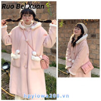 Áo Hoodie nữ màu hồng ngọt ngào Ruo Bei Xuân có viền nhung trắng, áo len dài vừa phải