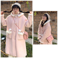 Áo Hoodie nữ màu hồng ngọt ngào có viền nhung trắng Áo len dài vừa phải