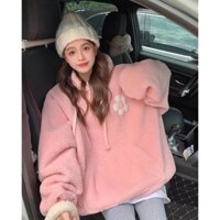 Áo hoodie nữ màu hồng pastel form rộng tay phồng có túi trước oversize chất nỉ lông dày dặn