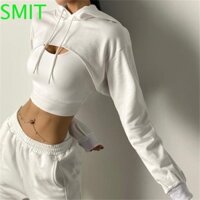 Áo Hoodie nữ SMIT, Áo Crop Top dài tay có dây buộc, thời trang siêu ngắn chống nắng đi biển Dây rút nhún vai Chui đầu dạo phố