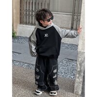 Áo Hoodie Raglan đen phối xám cá tính cho bé A266 [FORM LỚN HƠN 0.5 SIZE]