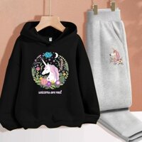 Áo Hoodie Tay Dài In Hình Kỳ Lân Phối Quần Dài Thời Trang Thu Đông Cho Bé Gái ( KHÔNG BAO GỒM QUẦN )