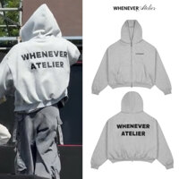 Áo hoodie zip boxy WHENEVER ATELIER BASIC ZIP UP, áo khoác hoodie nỉ Whenever màu xám, vải bông cao cấp, hình thêu bền