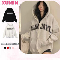 Áo Hoodie Zip Nỉ Bông Xu Min Min Màu Xám Tiêu, Áo Khoác Hoodie Dáng Rộng Oversize Nam Nữ Chữ SANJI ( Hd Zip Nỉ Bông)