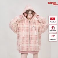 Áo hoodie zip nữ form rộng dày 𝑮𝑹𝑨𝑫𝑷𝑶𝑷𝑼 PH28 vải nỉ lông chần bông dày dặn siêu ấm có mũ trùm đầu kẻ sọc bắt mắt