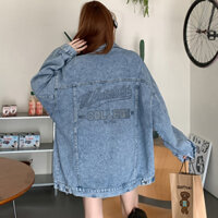 Áo jean khoác denim nữ phong cách Hàn Quốc áo jacket bò nữ lưng in hoạ tiết cá tính chất denim đẹp oversize 6039