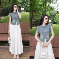 Áo jeans sơ mi nữ sat nách tay bèo hot trend#6