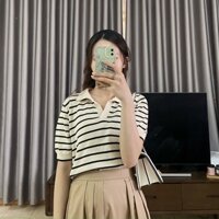 Áo kẻ cổ đức mongtoghi Đen,Be LACIE áo len sợi dệt dáng Hàn Quốc M02 (video,ảnh thật)