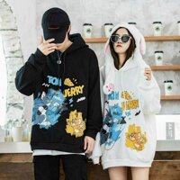 Áo khoác, áo hoodie unisex nam nữ nỉ ngoại form rộng Tom and Jerry - Trắng - L dưới 65kg