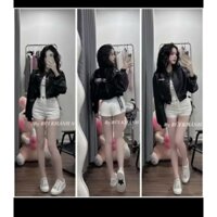 (Áo khoác) Áo khoác croptop da nữ dài tay thêu chữ lưng