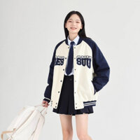 Áo khoác bấm nút Dessuu dáng rộng họa tiết thêu chữ