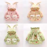 Áo khoác bé gái Áo khoác nơ in hình dâu tây có mũ trùm đầu tai thỏ Quần áo mùa đông cho trẻ em