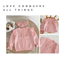 Áo khoác bé gái TIỆM KIDS NHÀ MIN, Áo Khoác Cardigan Dệt Kim Tay Dài Chống Nắng, vải len màu hồng, thêu hoa