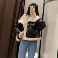 Áo khoác BIKER da phối lót lông cừu màu đen