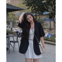 Áo khoác blazer nữ cộc tay, áo blazer ngắn tay form rộng phong cách Hàn Quốc sang chảnh dễ phối đồ, nhiều màu xanh lá, b