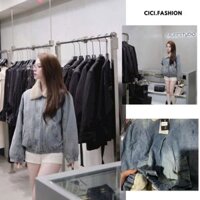Áo khoác bò 2 lớp lót gió phối cổ lông dáng ngắn cổ bẻ thời trang