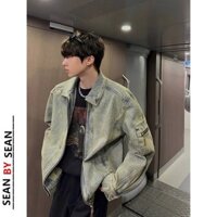 Áo khoác bò có khóa kéo giặt cổ điển dành cho người Mỹ, Áo Khoác Cổ Bẻ thương hiệu SÀNH ĐIỆU thiết kế dễ phối rộng rãi cho nam