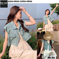 Áo khoác bò gile croptop màu xanh - Áo jean 3 lỗ năng động cá tính siêu hot hàn quốc ulzzang hot - HUZA AKB15