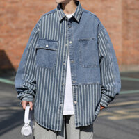 Áo Khoác Bò Khâu Kẻ Sọc Áo Đẹp Trai Kiểu Mỹ Mẫu Xuân Thu Cho Nam Áo Jacket Trang Phục Đi Làm Giặt Nước Rộng Rãi