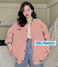 Áo khoác bomber bóng chày áo form rộng chất nhung tăm dày dặn nam nữ hoạ tiết thêu cá tính - hồng đào