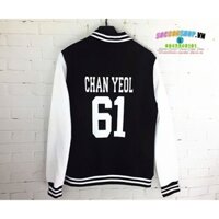 Áo khoác bomber bóng chày trắng đen in tên Chan Yeol nhóm E.X.O
