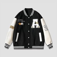 Áo Khoác Bomber CHỮ A Cardigan 3 Màu phối bo, Áo khoác nỉ Bomber Unisex nam nữ form rộng cá tính bông trần dày dặn - ĐEN - M từ 38 đến 55kg