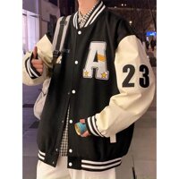 Áo Khoác Bomber Jacket Chất Nỉ Bông LUCKY Form Rộng Unisex Nam Nữ Phối Phong Cách Ulzzang - ĐEN - M 35 - 49KG < 1M6