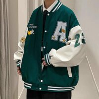 Áo Khoác Bomber Jacket Chất Nỉ Bông LUCKY Form Rộng Unisex Nam Nữ Phối Phong Cách Ulzzang - XANH - M 35 - 49KG < 1M6