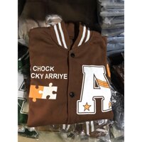 Áo Khoác Bomber Jacket Chất Nỉ Bông LUCKY Form Rộng Unisex Nam Nữ Phối Phong Cách Ulzzang - NÂU - XL 59 - 68KG < 1M75