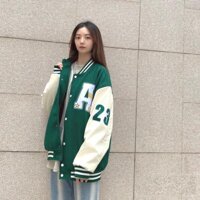 Áo Khoác Bomber Jacket Chất Nỉ Bông LUCKY Form Rộng Unisex Nam Nữ Phối Phong Cách Ulzzang - XANH - L 50 - 58KG <1M67