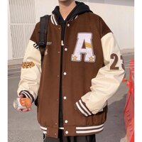 Áo Khoác Bomber Jacket Chất Nỉ Bông LUCKY Form Rộng Unisex Nam Nữ Phối Phong Cách Ulzzang - NÂU - M 35 - 49KG < 1M6