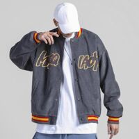 Áo Khoác Bomber kaki NHUNG Gân Thêu Chữ Form Rộng Unisex Nam Nữ Ulzzang - XÁM TRO - XL