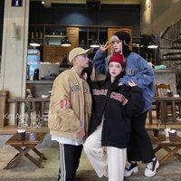 Áo khoác Bomber kaki thêu chữ form thụng dấu quần