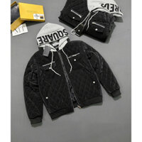 Áo khoác bomber nam nữ ,Áo nỉ bông Dsquared2 đen thân trơn khoá zip bạc in logo mũ lót 2 lớp cao cấp