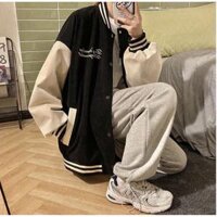 Áo Khoác Bomber Nhung 2 Lớp Thêu D Form Unisex Nam Nữ - ĐenTay Kem,L<m65,< 65kg