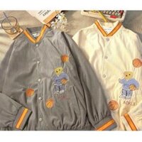 Áo Khoác Bomber Nhung gân Gấu Aokiji Unisex Form Rộng nam nữ - Xám ghi,Fs < 1m65, < 65kg