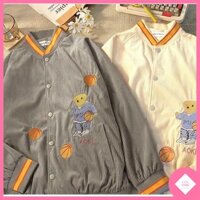 Áo khoác Bomber Nhung Gân Thêu Gấu Aokiji Cực Xinh Cặp Đôi Nam Nữ -Kiểu Unisex Mùa HÈ THU - Ghi - Fs < 1m65, < 65kg