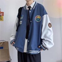 Áo khoác bomber Nỉ Áo bomber Cardigan cài nút Cotton cao cấp trần bông dày mịn form Unisex nam nữ - Bomber xanh dương - Size XL 70-80kg