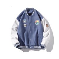 Áo khoác bomber Nỉ Áo bomber Cardigan cài nút Cotton cao cấp trần bông dày mịn form Unisex nam nữ - Bomber xanh dương - Size M 40-55kg