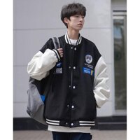 Áo Khoác Bomber Nỉ Bông Nút Bấm BAD BOY F Form Rộng Unisex Nam Nữ Couple Ulzzang Áo khoác bóng chày unisex form rộng cao cấp - ĐEN - L 48-55KG<1M67