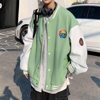 Áo Khoác Bomber Nỉ Bông Thêu Logo Sóng Nổi Varsity Form Rộng Unisex Nam Nữ Phối Phong Cách Ulzzang - XANH LÁ - L 50 - 58KG <1M67
