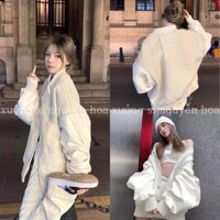 áo khoác bomber nỉ dạ phối tay da họa tiết lửa form dáng rộng unisex nam nữ mặc được màu be phong cách hàn quốc - Hàng n