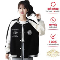 Áo Khoác Bomber Nữ SUPER FASHION Vải Nỉ Dày Phối Tay In 1987 Màu Đen