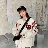 ÁO KHOÁC BOMBER NỮ VẢI NỈ DÀY MỊN TAY SỌC ,ÁO KHOÁC BÓNG CHÀY NỮ NÚT CÀI LB - TRẮNG - 40-58KG