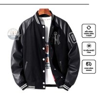 Áo Khoác Bomber NY 03 Phối Tay Da, Áo Khoác Nỉ Nam Nữ Siêu Chất TT10